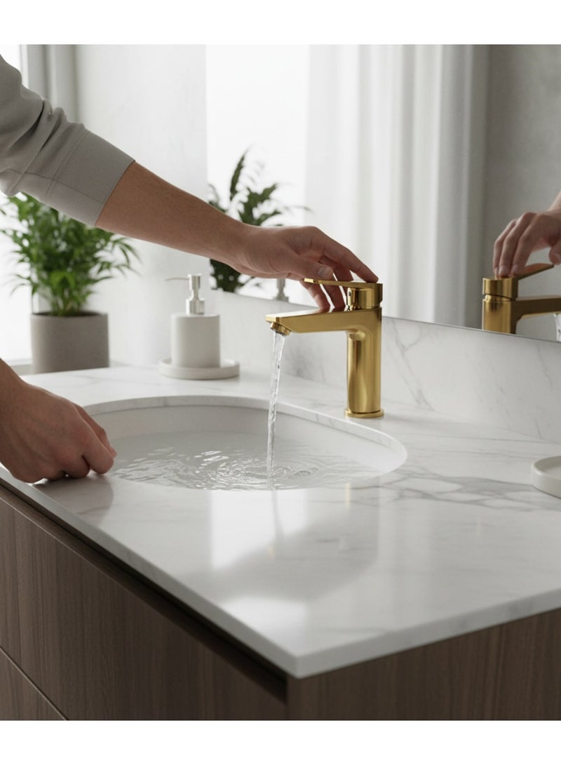 HESANIT Logic Single Lever Basin Mixer with Pop-Up Waste, Premium Gold Finish, Water Saving Faucet - Image 3